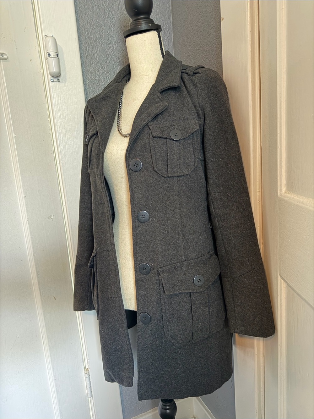 New Look Women’s Dark Gray Button-Front Wool Pea Coat